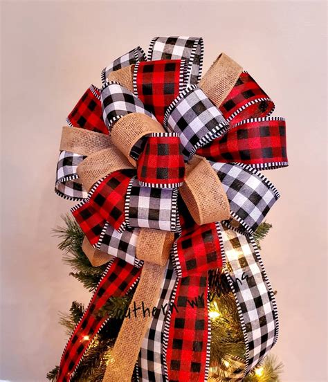 Buffalo Plaid Tree Topper BowBurlap Tree BowBlack Red White Etsy