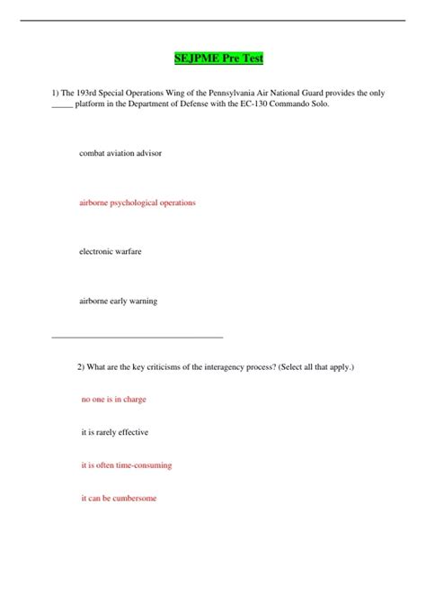 SEJPME II Pre Test Version 1 Newest Senior Enlisted Joint