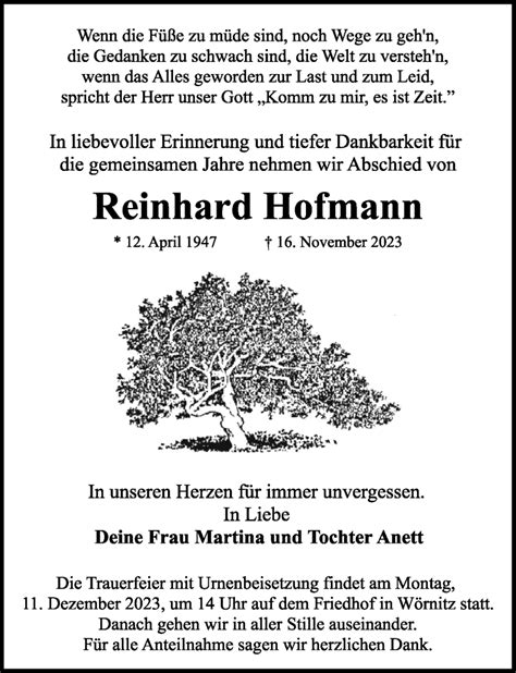 Traueranzeigen Von Reinhard Hofmann Trauer Flz De