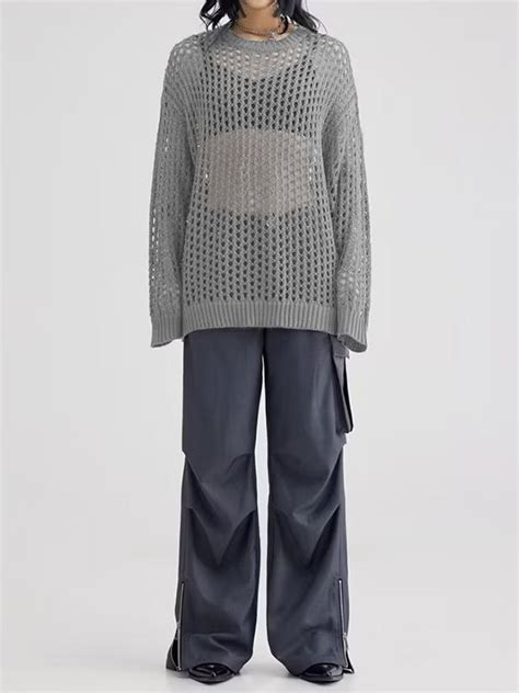 Emmiol Free Shipping 2024 Hollow Out Crochet Knit Pullover Sweater Grey