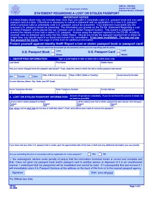 Fillable Online Ds Statement Regarding A Lost Or Stolen Passport Ds