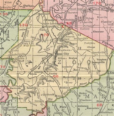 Yazoo County, Mississippi, 1911, Map, Rand McNally, Yazoo City ...