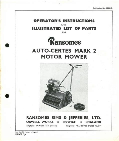 Ransomes Auto Certes Motor Mower Lawnmower Mark 2 Operators Manual With Parts List