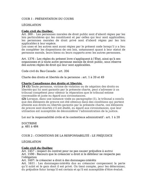 Résumé jurisprudence COUR 1 PRÉSENTATION DU COURS LÉGISLATION Code