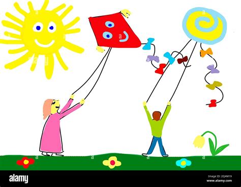 Illustration Kids Flying Kites Hi Res Stock Photography And Images Alamy