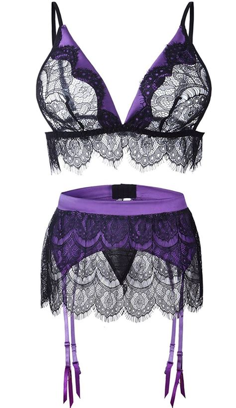 Sexy Lingerie Lace Bra Set Womens Babydoll Black Purple Scalloped