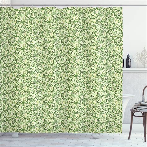 Ambesonne Green Shower Curtain Curly Ornate Leaf Damask 69 Wx84 L Pale Green Fern Green