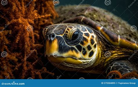 Multi Colored Sea Turtle Swimming In Coral Reef Generated By Ai Stock