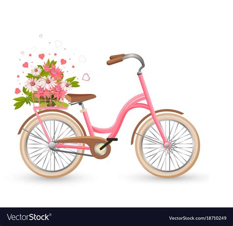 Pink Bicycle With Cart Full Flowers And Hearts Vector Image