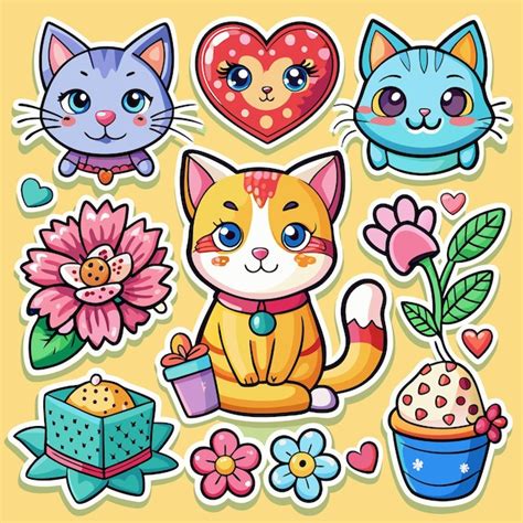 Adorable Cartoon Cat Stickers With Flowers And Hearts Premium Ai