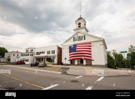 The Barre, Massachusetts Town Hall with a very large American flag ...