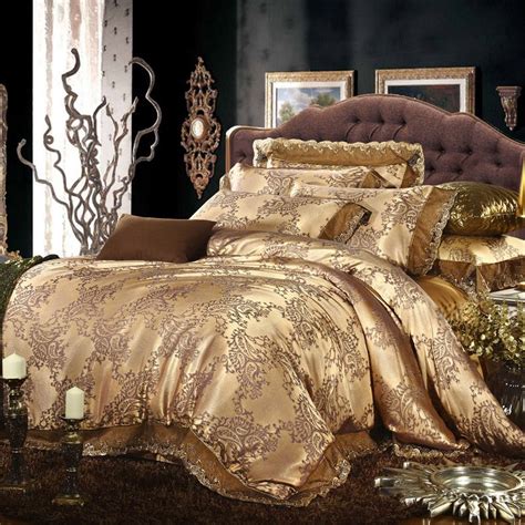 Cream Gold Colored Luxury Jacquard Silk Cotton Lace Bedding Sets Queen