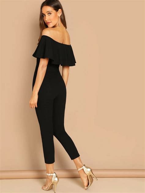 Flounce Foldover Front Off Shoulder Skinny Jumpsuit Shein Jumpsuit