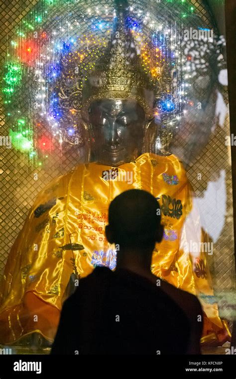 Myanmar Formerly Burma Yangon Rangoon Monk Front Of A Buddha At