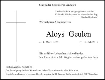 Traueranzeigen Von Aloys Geulen Aachen Gedenkt