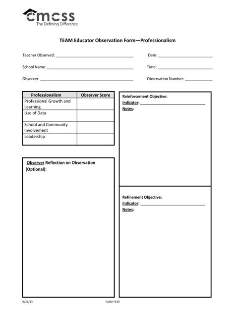 Fillable Online Team Educator Observation Form Professionalism Fax