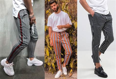 Calça listrada em alta no look masculino Moda Para Homens