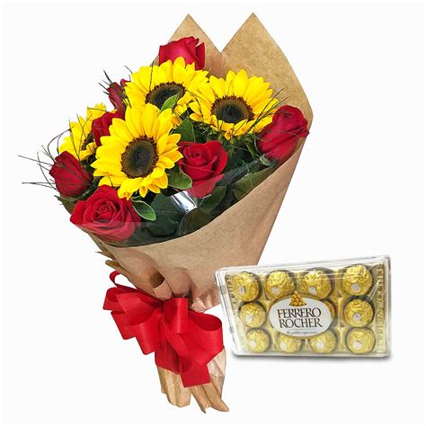 Buquê Rosas e Girassóis Ferrero Sunrise Floricultura Taquari Flores