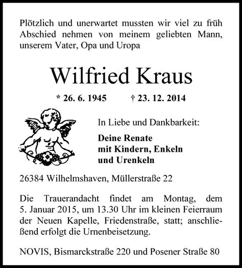 Traueranzeigen Von Wilfried Kraus Nordwest Trauer De