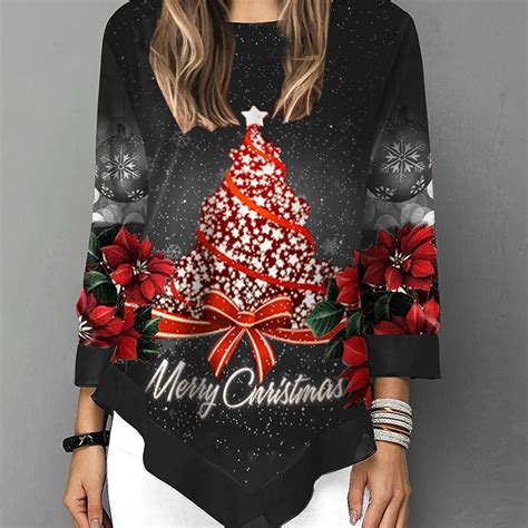 Christmas Print Crew Neck Cotton Blend T Shirt Women S Christmas Tree