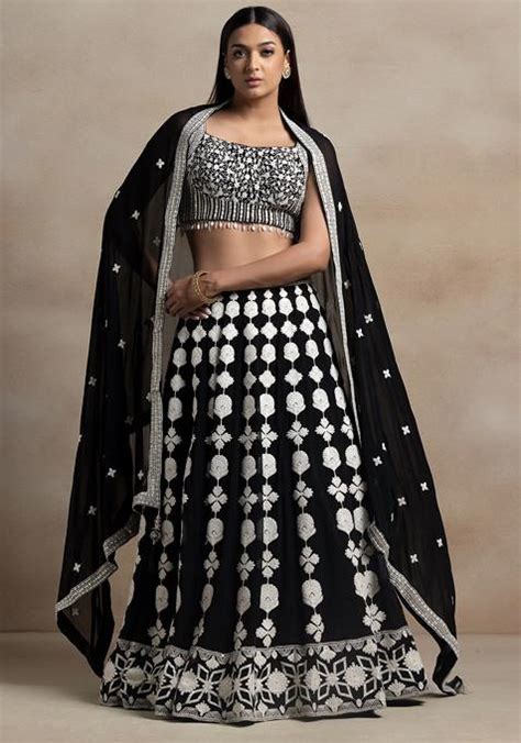 Buy Women Black Floral Thread Sequin Embroidered Lehenga Set With