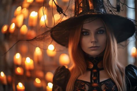 Uma mulher usando um chapéu de bruxa e vestido preto na frente de velas