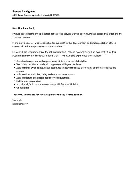 Food Service Worker Cover Letter Velvet Jobs