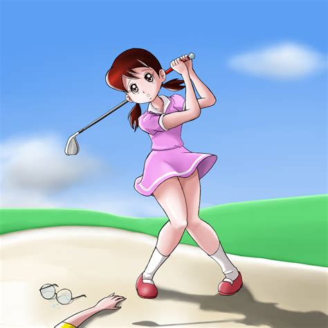 The Big Imageboard Tbib 1boy 1girl Brown Eyes Brown Hair Doraemon Glasses Golf Club Grass