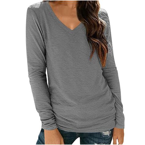 Posijego Long Sleeve Tee Shirts For Women Plain Basic Tops V Neck