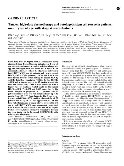 Pdf Tandem High Dose Chemotherapy And Autologous Stem Cell Rescue In Patients Over 1 Year Of