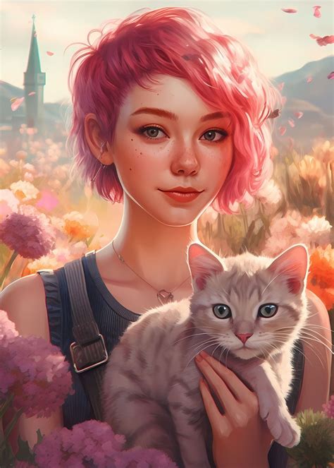 Pink Hair Girl With Cat Poster Picture Metal Print Paint By SAIDI