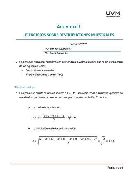 A1 Ejercicios Sobre Distribuciones Muestrales Actividad 1 Ejercicios Sobre Distribuciones