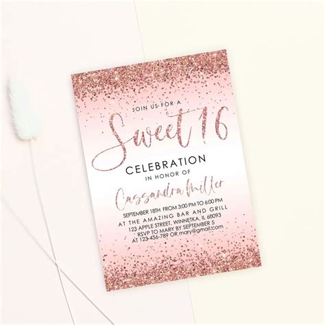 Editable Rose Gold Glitter Sweet Sixteen Birthday Invitation Etsy