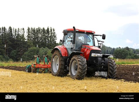 SALO FINLAND AUGUST 18 2017 Farmer Works With Case IH Maxxum 130