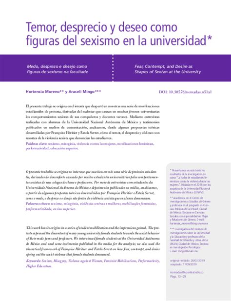 Pdf Temor Desprecio Y Deseo Como Figuras Del Sexismo En La Universidad Hortensia Moreno And