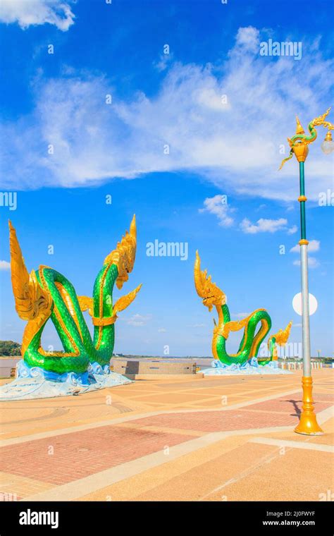 Amazing Naga Sculpture at Mekong Riverside nearby Walking Street in Nongkhai, Thailand. Naga is ...