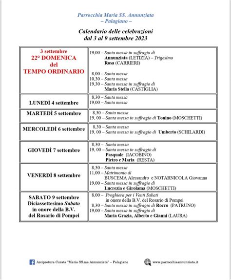 Calendario Delle Celebrazioni Dal 3 Al 9 Settembre Parrocchia Maria