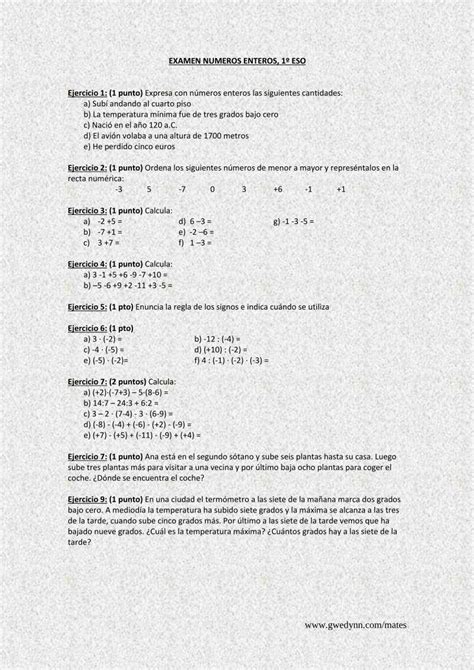 Pdf Examen Numeros Enteros 1º Eso Gwedynns … · Examen Numeros