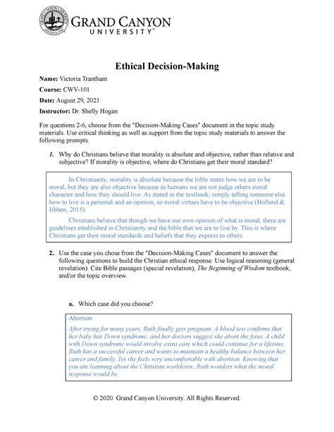 Ethical Decision Making Ethical Decision Making Name Victoria