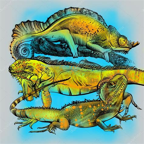 Painted bright colored lizards on a tree branch. Iguana, chameleon ...