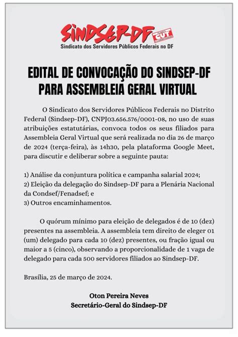 Edital De Convoca O Do Sindsep Df Para Assembleia Geral Virtual