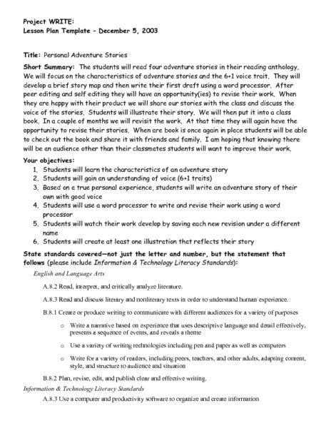 Personal Adventure Stories Lesson Plan For 5th 6th Grade Lesson Planet