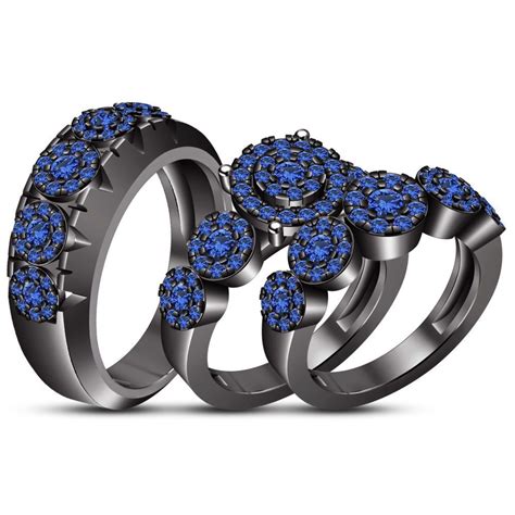 2 92 Ct Blue Sapphire Trio Wedding Ring His Hers Bands Set And Black