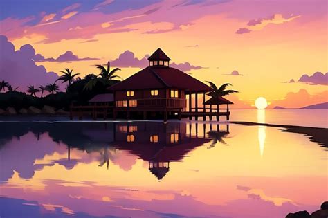 Premium Photo | Tropical beach sunset anime view