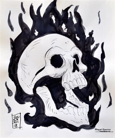 Horror Ink Sketches By Miguel Guerra Flaming Skull