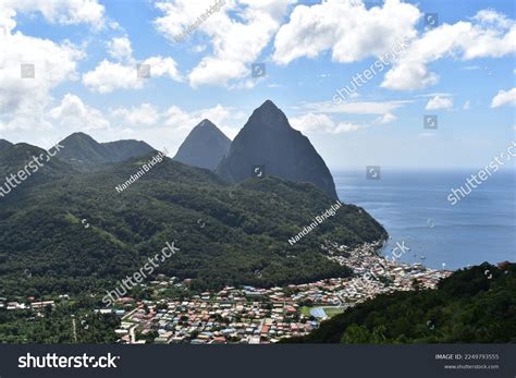 pitonstwo volcanic mountains gros petit pitons stock photo