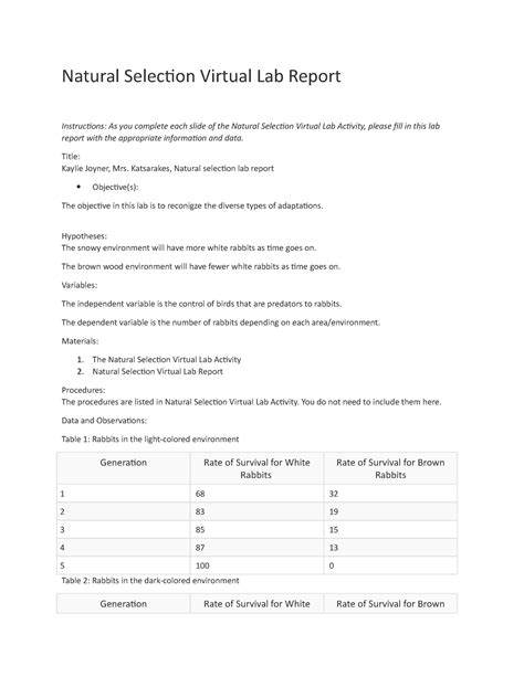 Document 10 2 Natural Selection Virtual Lab Report Instructions As