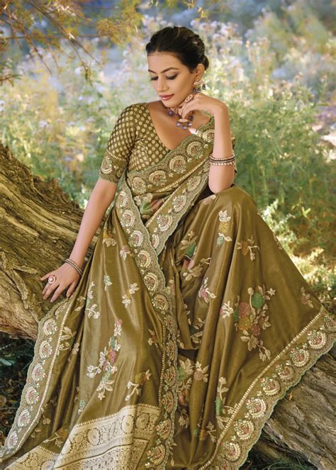 Mehndi Green Banarasi Saree With Embroidery Work Urban Womania