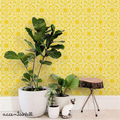 Geo Flowers Yellow Peel And Stick Fabric Wallpaper Etsy