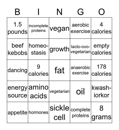 Protein And Energy Balance Bingo Card